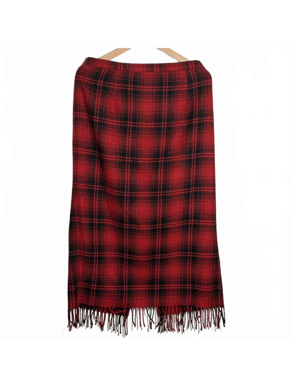 Requirements Red Black Plaid Fringe Midi Skirt Women’s Sz 14 Punk Grunge Tartan